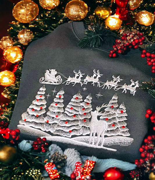 Embroidered Christmas Tree,Santa and Reindeer scene Jumper