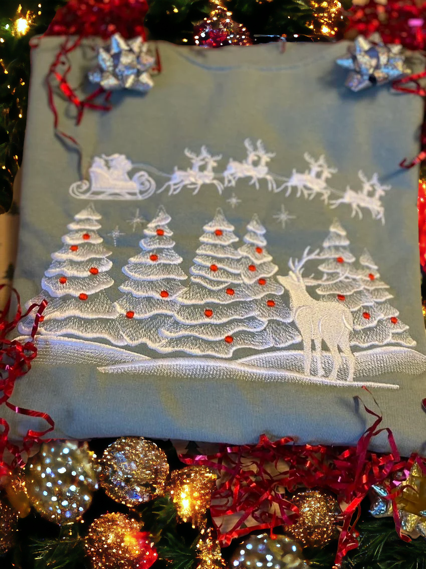 Embroidered Christmas Tree,Santa and Reindeer scene Jumper