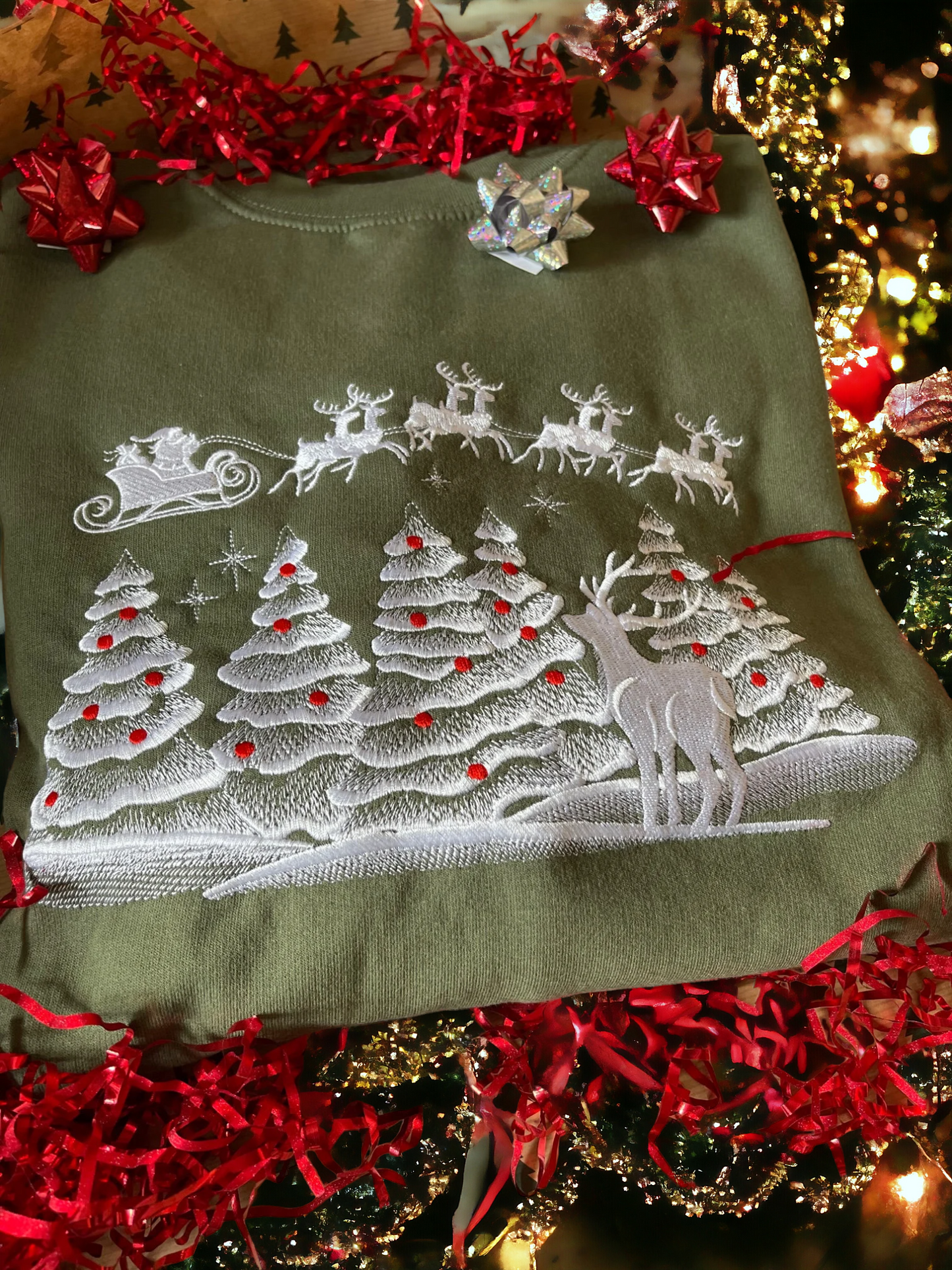 Embroidered Christmas Tree,Santa and Reindeer scene Jumper