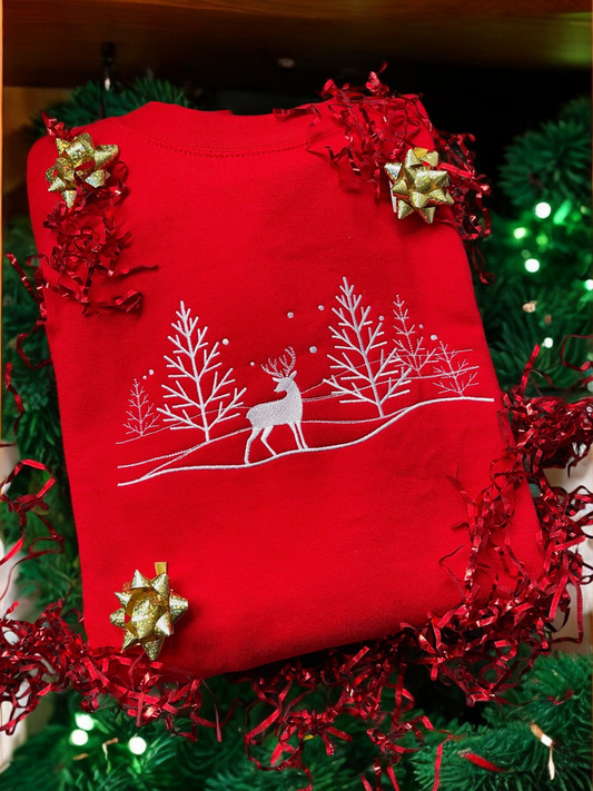 Embroidered Christmas Trees and Reindeer scene Jumper