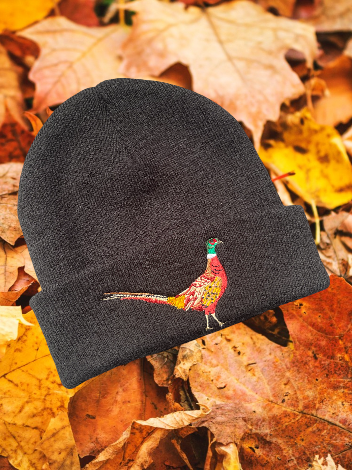 Unisex warm beanie hat with Standing Pheasant embroidered logo.