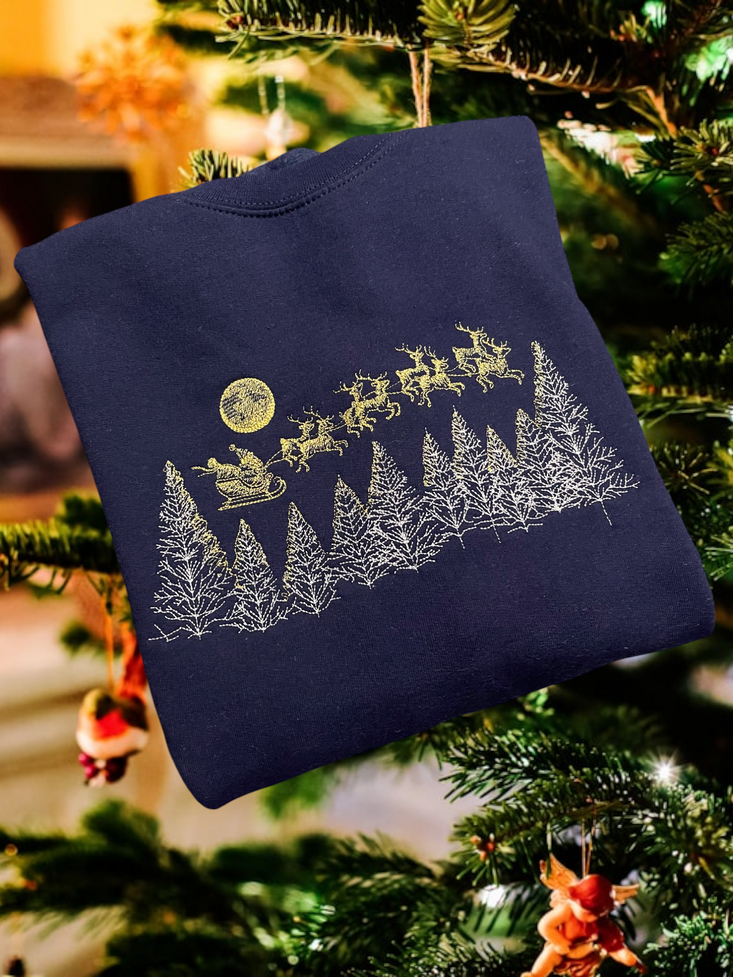 Embroidered Christmas Tree,Santa and Reindeer scene Jumper Gold Metallic and Silver Thread