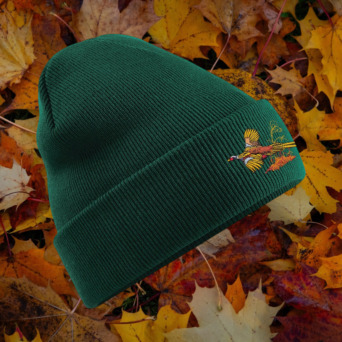 Unisex warm beanie hat with Pheasant embroidered logo.