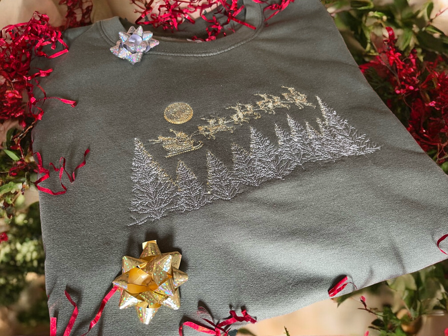 Embroidered Christmas Tree,Santa and Reindeer scene Jumper Gold Metallic and Silver Thread