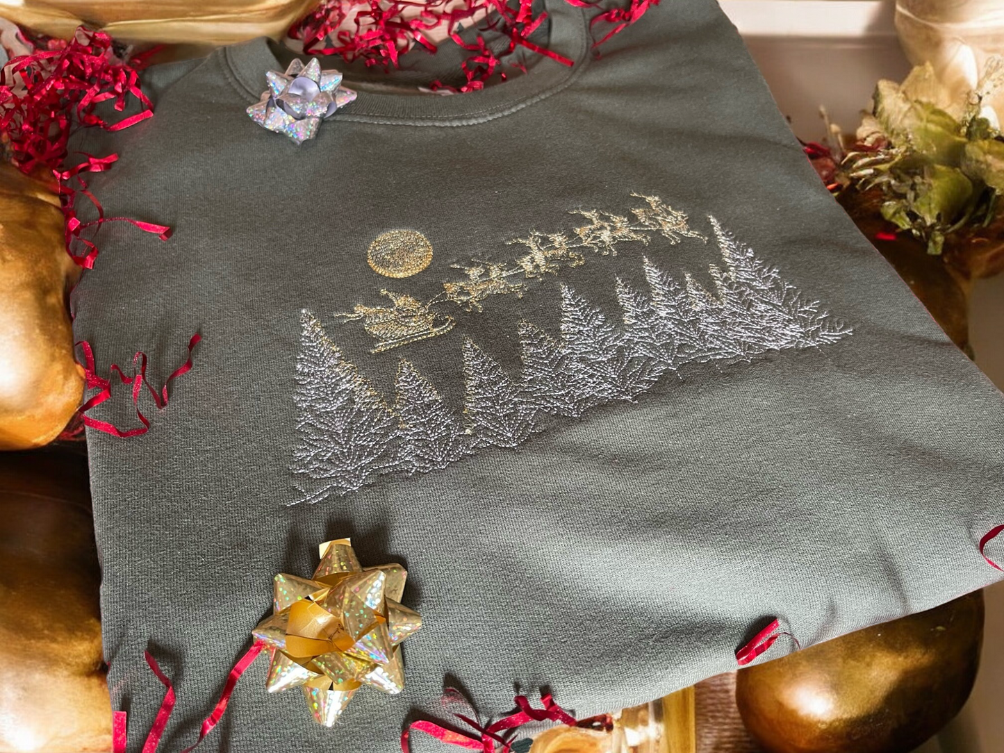 Embroidered Christmas Tree,Santa and Reindeer scene Jumper Gold Metallic and Silver Thread