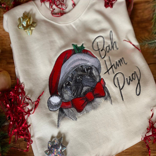 Embroidered Bah Hum Pug Christmas Jumper