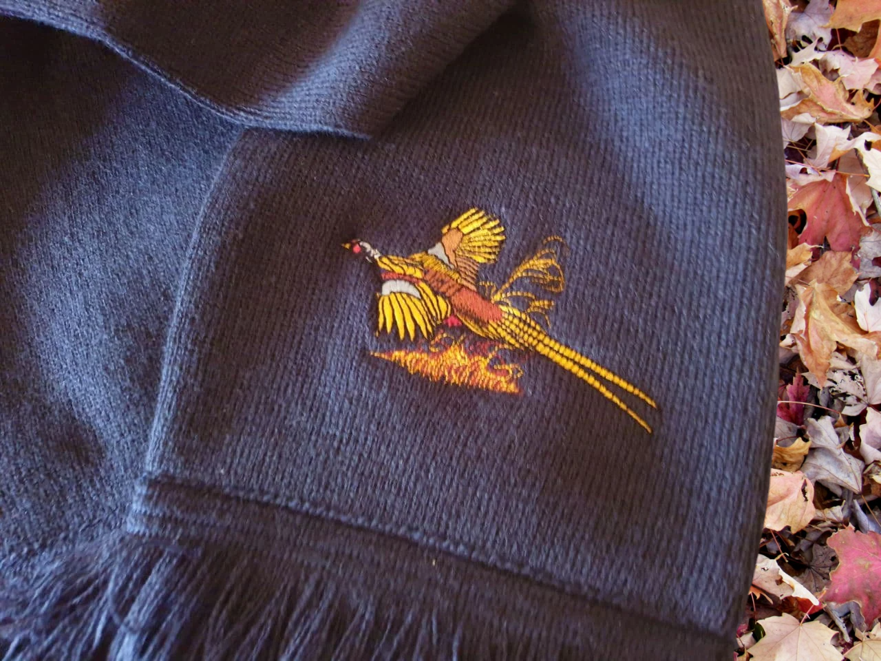 Luxurious Pheasant Embroidered Knitted Scarf