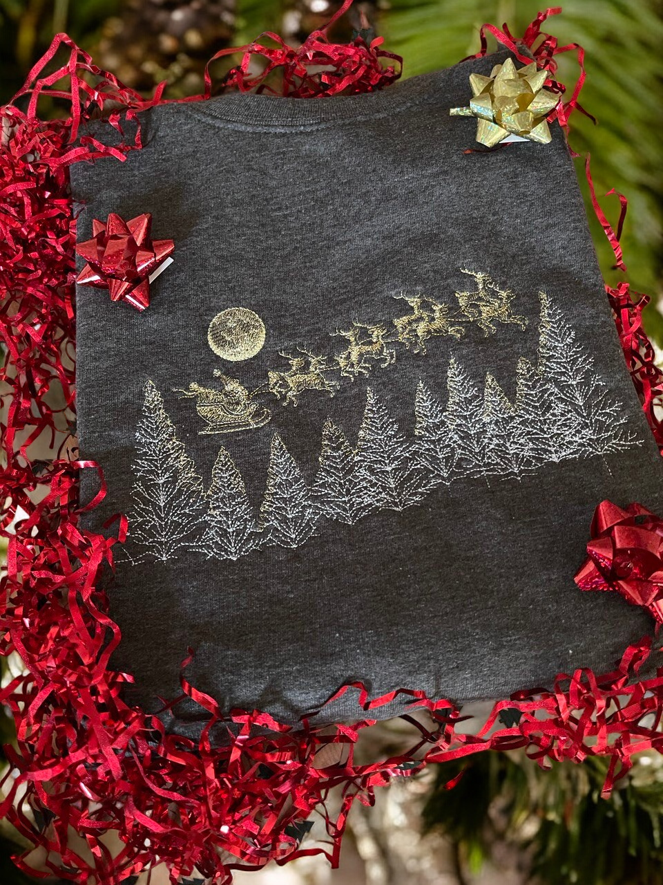 Embroidered Christmas Tree,Santa and Reindeer scene Jumper Gold Metallic and Silver Thread