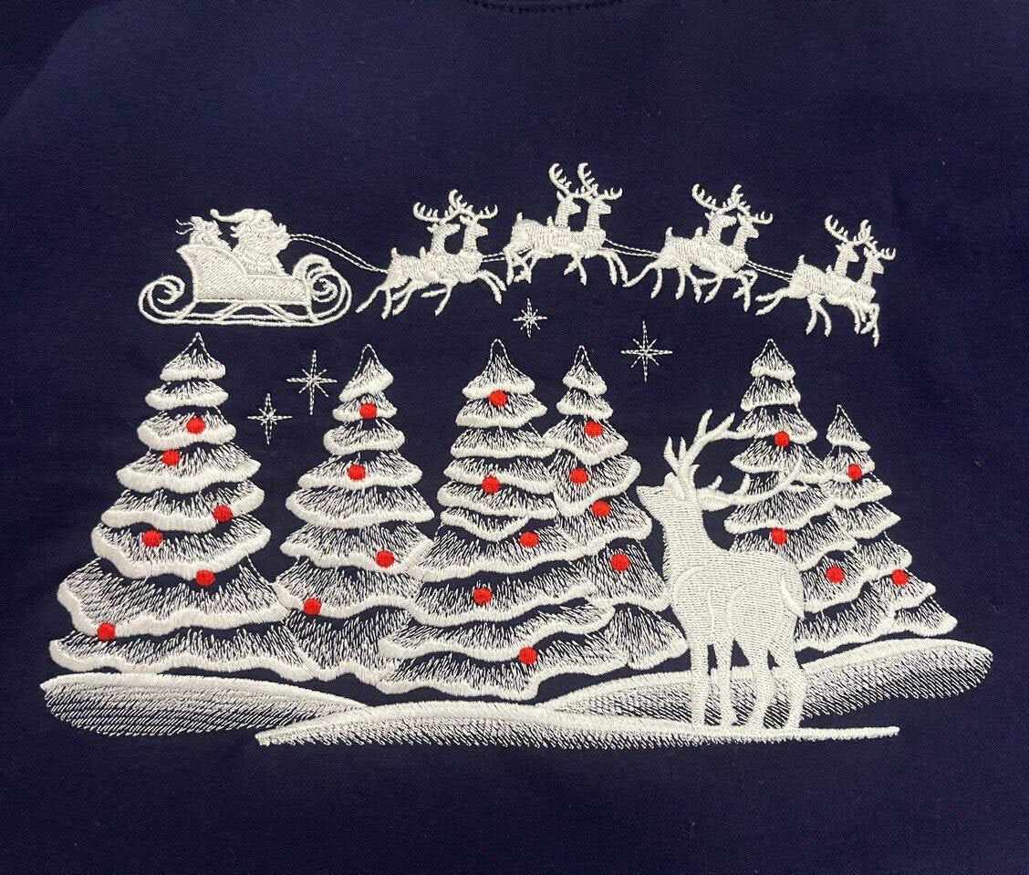 Embroidered Christmas Tree,Santa and Reindeer scene Jumper